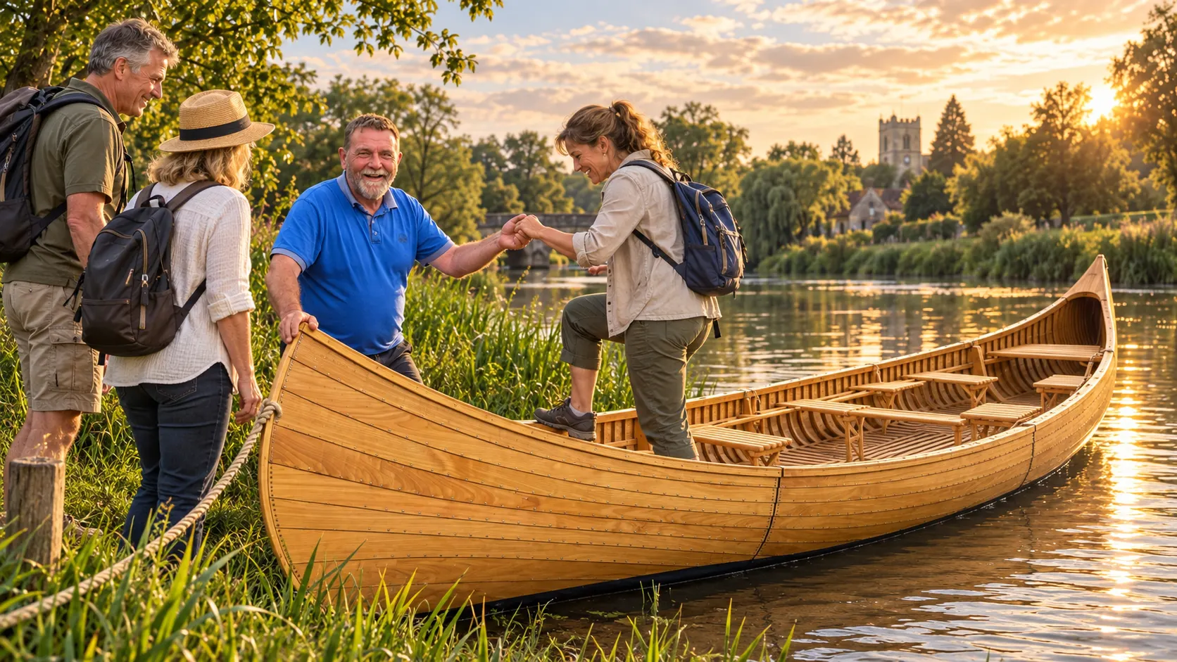 The boatbuilder and guide helping a guest aboard the canoe