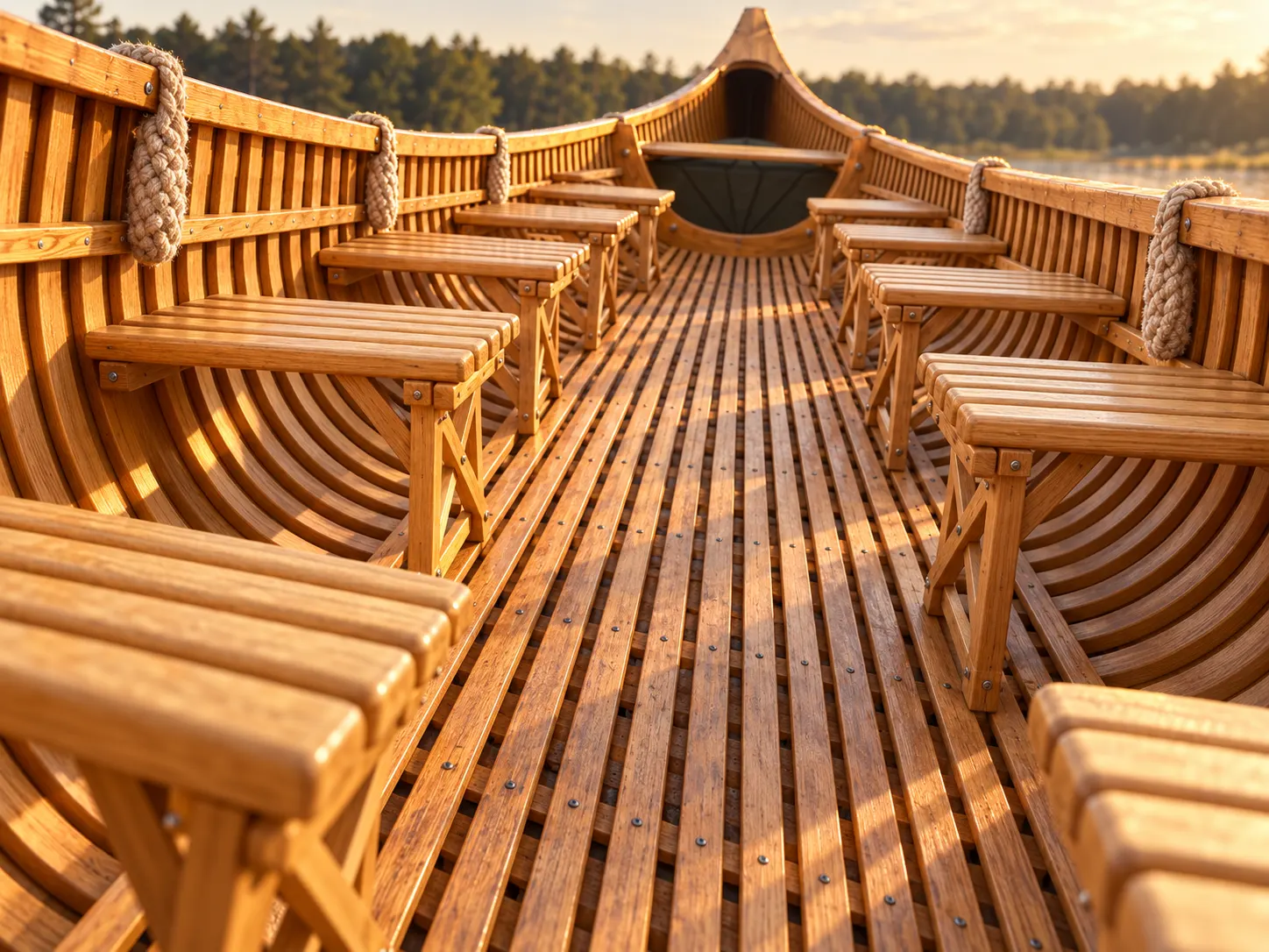 The repeating wooden ribs, slatted floor and individual seats inside the canoe