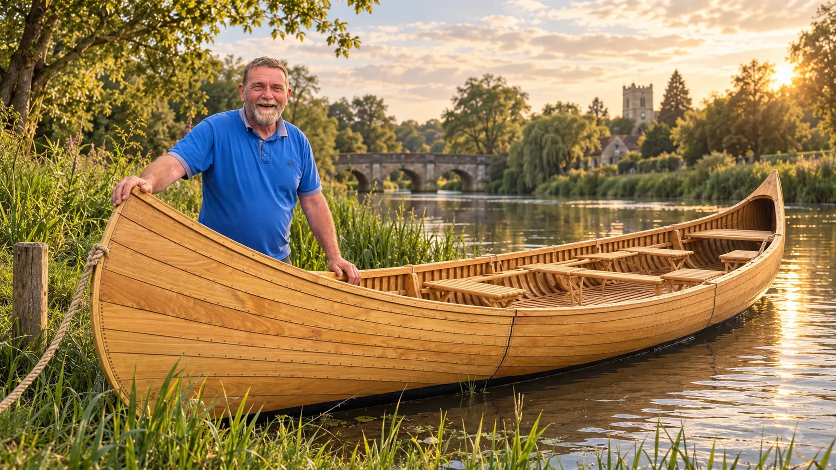 The guide standing beside his handcrafted wooden canoe on the River Wey