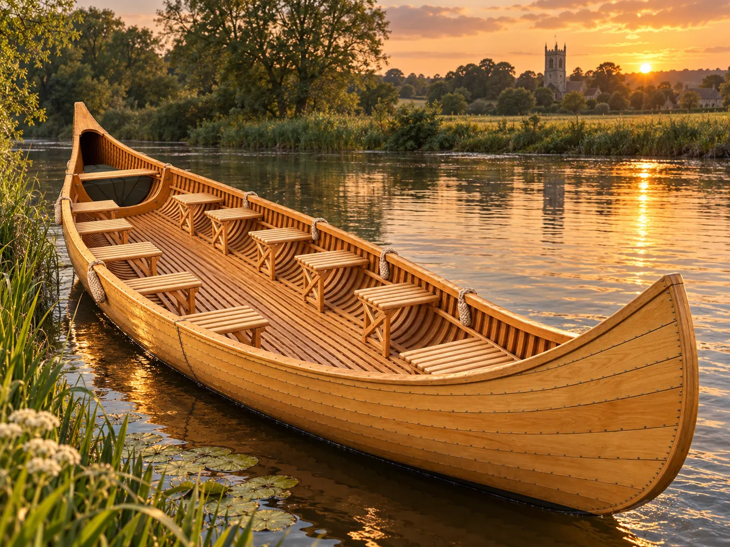 The handcrafted wooden canoe moored on the River Wey at sunset